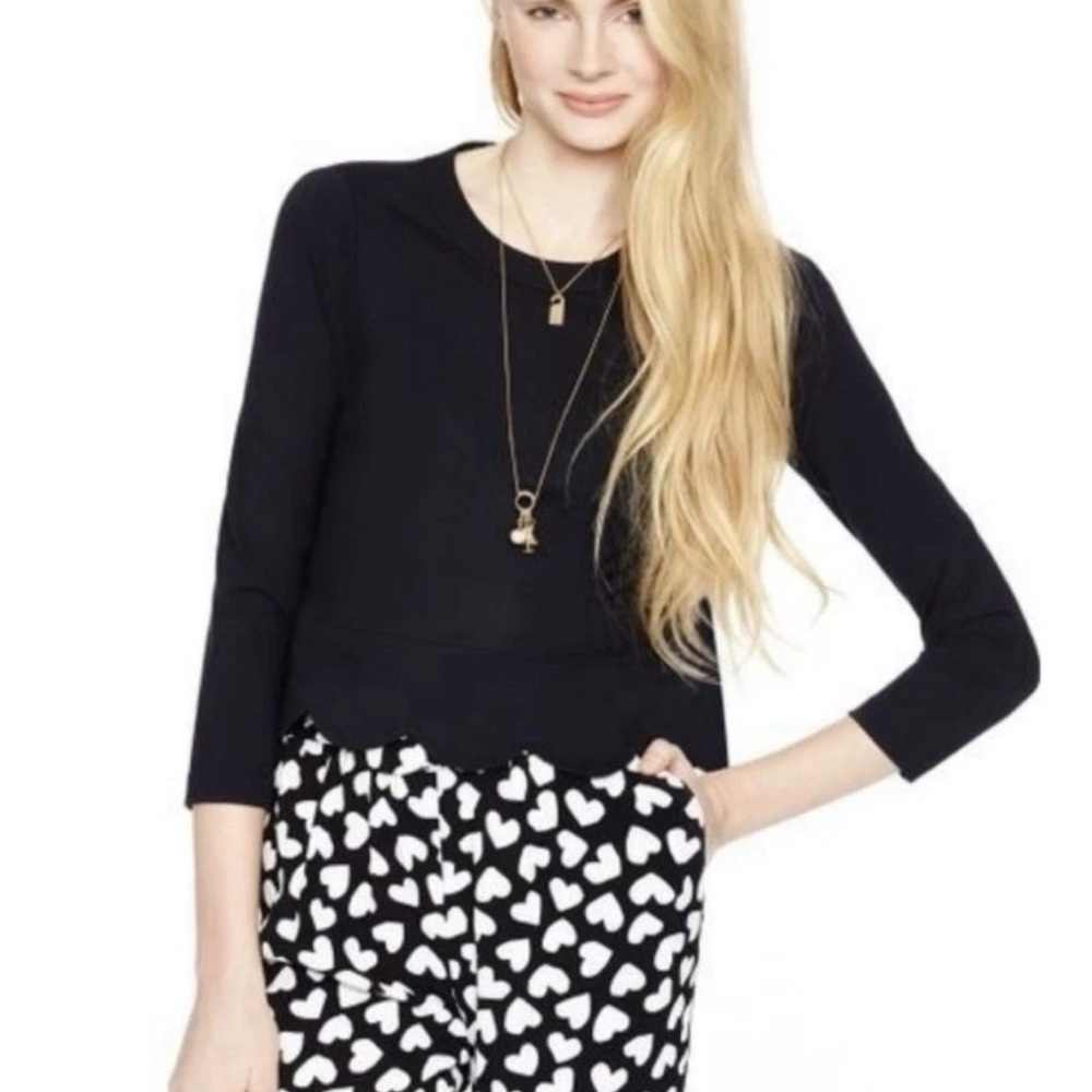 Kate Spade Black Scalloped 3/4 Sleeve Top